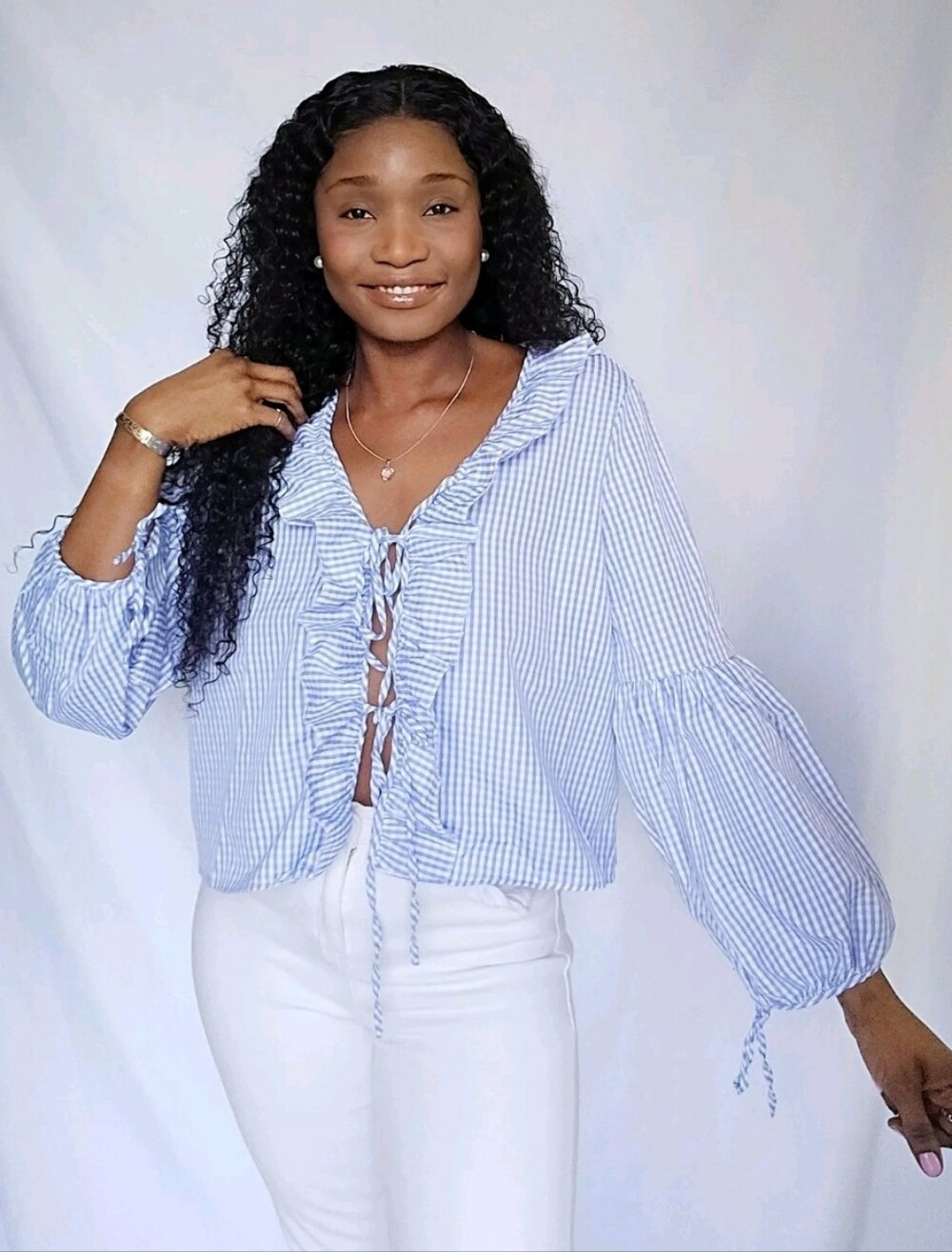 Light Blue Striped Ruffle Tie-Front Blouse